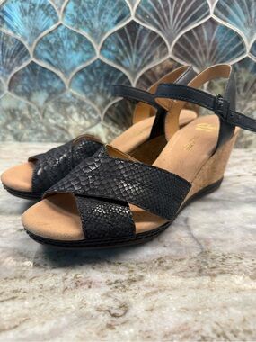 Clarks Black Snake-Texture Wedge Sandals